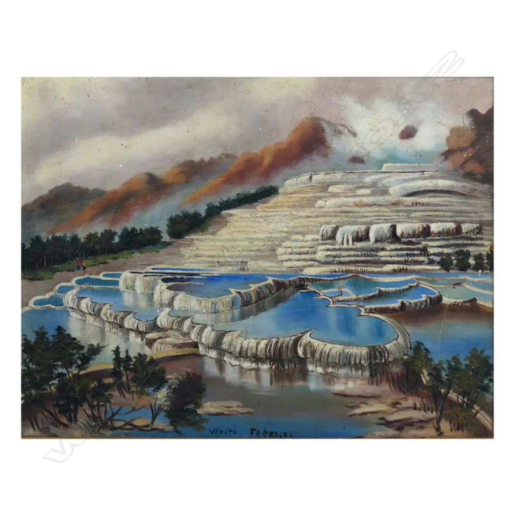 A pair of colonial New Zealand oils on canvas Pink & White Terraces, Image 1++
